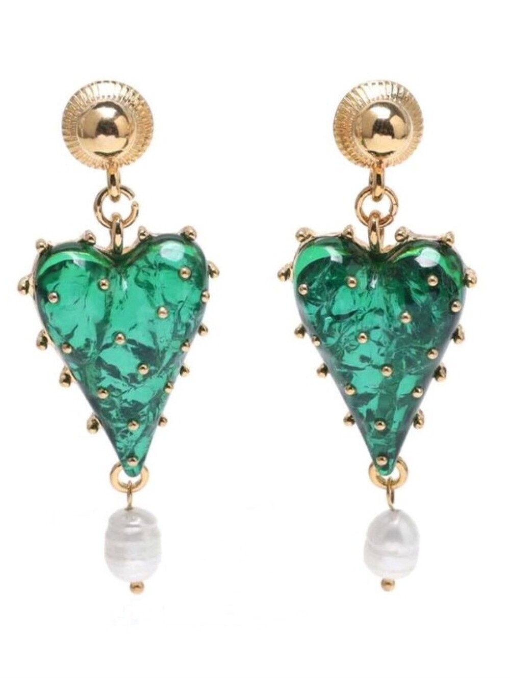 NEW! Chic Gold & Green Emerald Tone Heart Drop Earrings with Pearl Accent